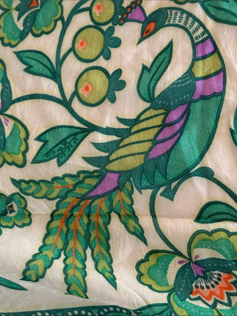 Vintage 1960’s Floral Peacock 🦚 Bird Silk Scarf 🧣 in Green & Cream white unique